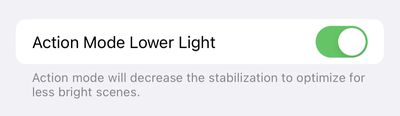 Ustawienia iPhone'a 14 Pro Tryb akcji Słabe oświetlenie