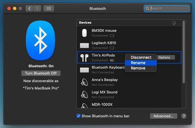 rename airpods on mac