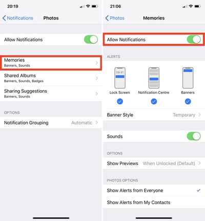 how to disable memories alerts in ios 12 02