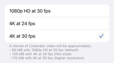 Paramètres iPhone 14 Pro Mode cinéma 4K