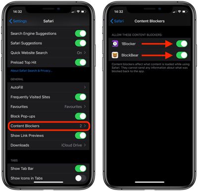 how to enable content blockers safari ios 1