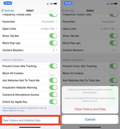 how to clear cookies and cache on ipad