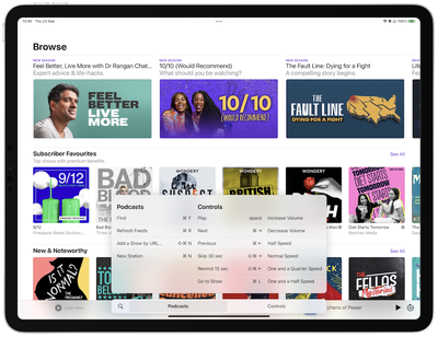 ipados 15 podcasts app keyboard shortcuts