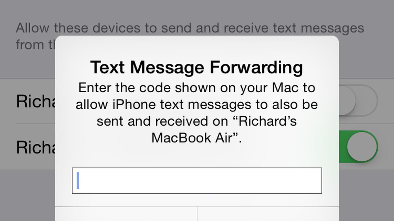 code wont sent to mac for text message forwarding