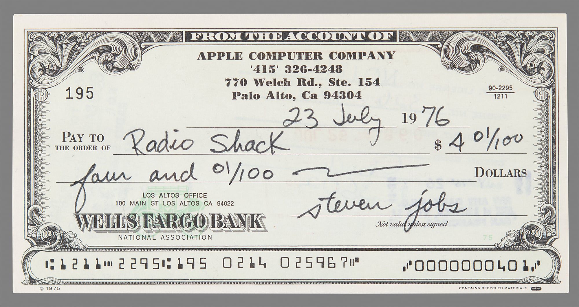 photo of Apple Computer Check Signed by Steve Jobs Sells for $46,000 image