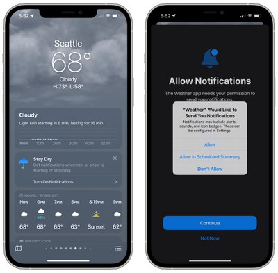 Notifications de pluie dans l'application météo ios 15