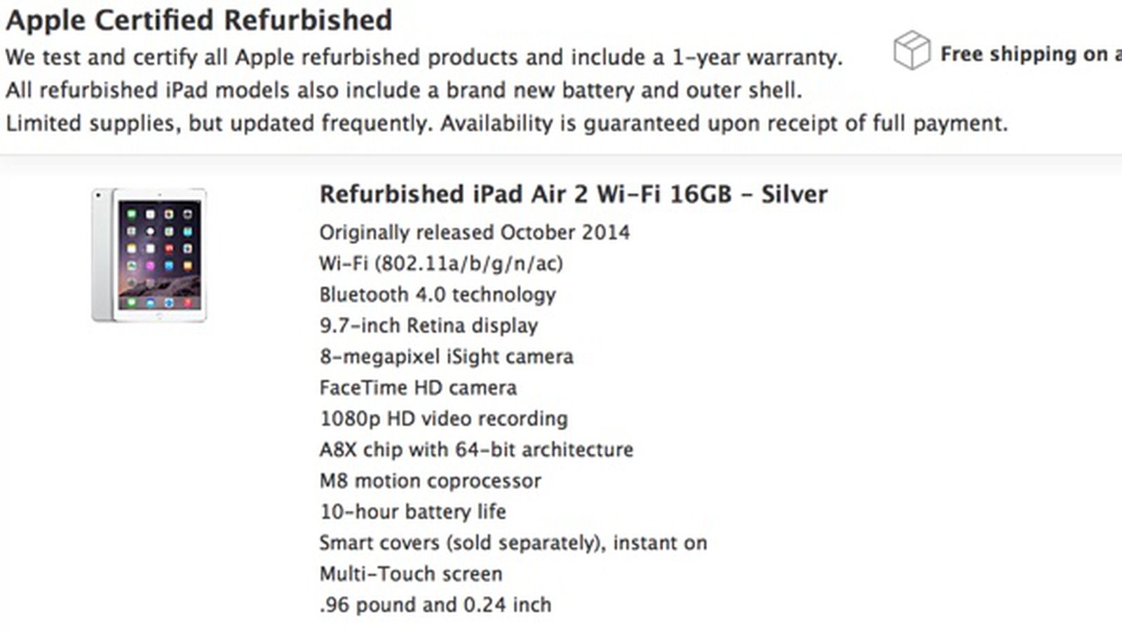 Refurbished Ipad Air 2 Models Now Available From Apple Store Macrumors