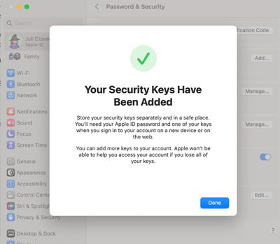ключи безопасности Apple добавлены Mac