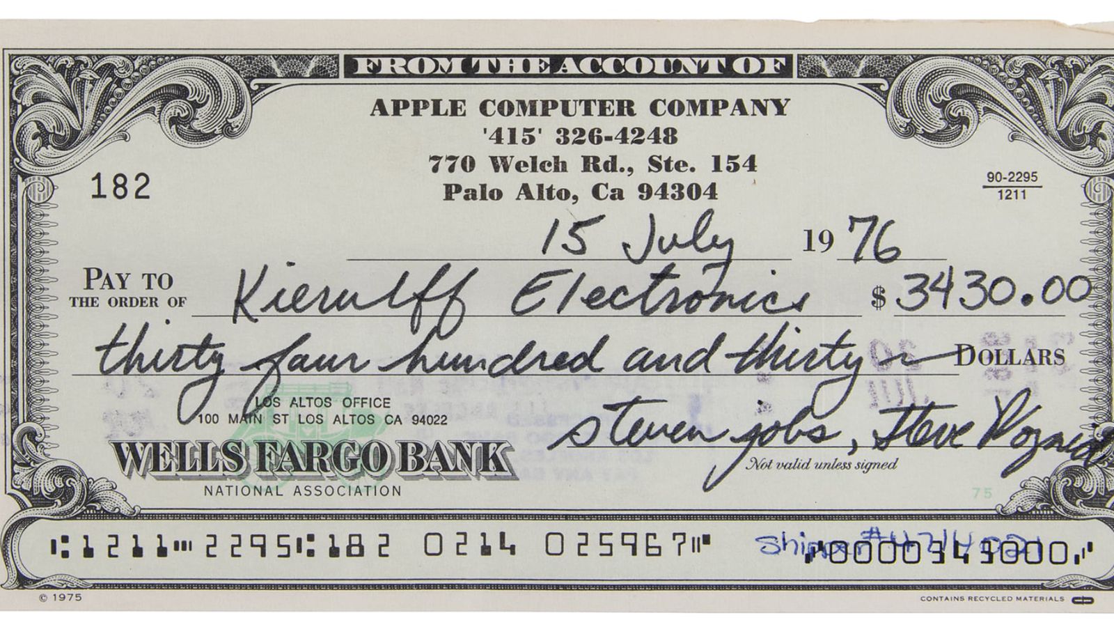 Cheque Signed By Steve Jobs In 1976 Expected To Fetch More Than