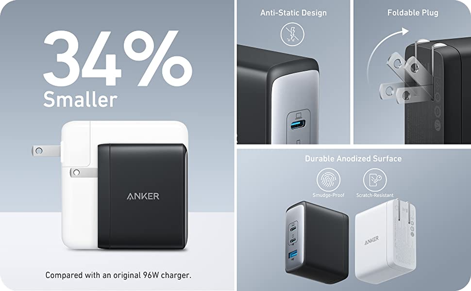 يحتوي شاحن Anger الجديد 100W GaN على ثلاثة منافذ USB ، أصغر بنسبة 34٪ من شاحن Apple بقوة 96 وات