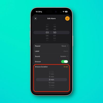 alarm snooze duration ios 26
