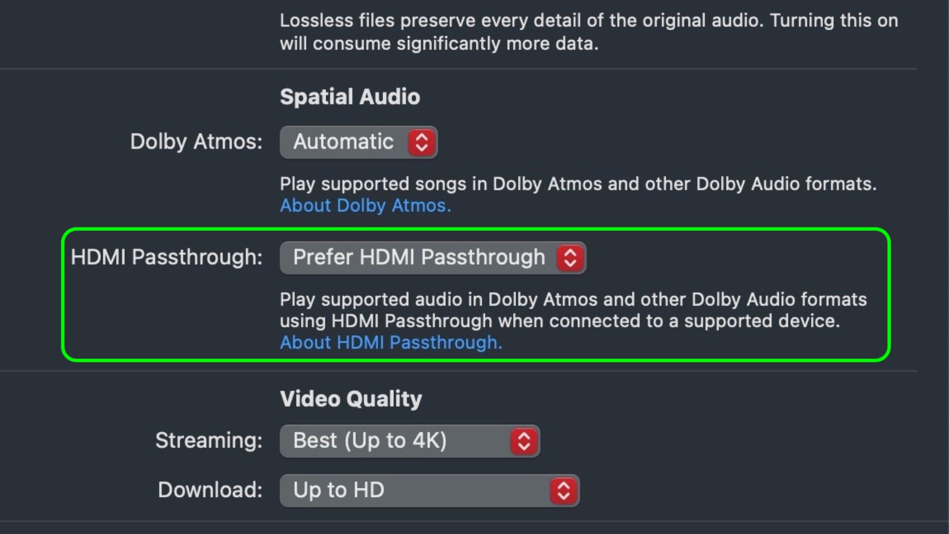 In macOS Sequoia, several Apple apps have gained a new HDMI Passthrough feature that enables a Mac to send an unaltered Dolby Atmos audio signal to a 