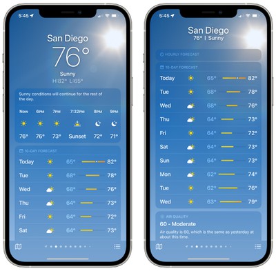 Vue principale de l'application météo ios 15