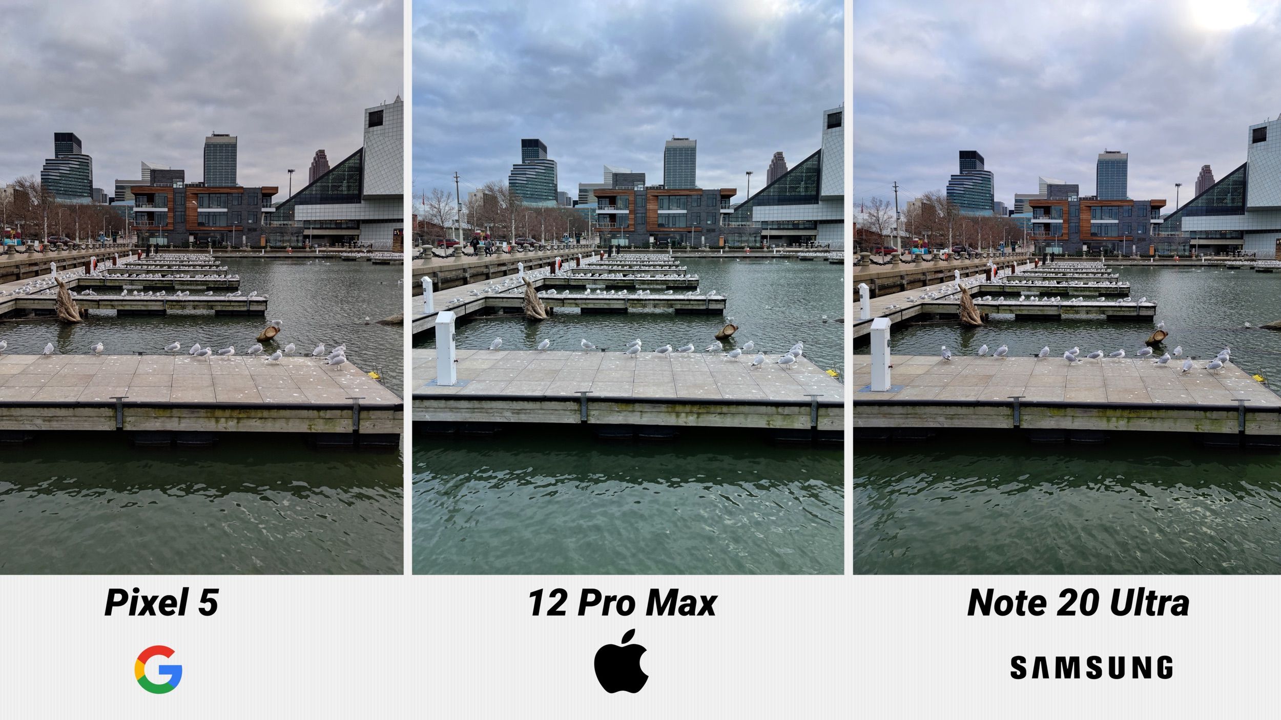  A side-by-side comparison of photos taken with the Samsung Galaxy S21 Ultra, iPhone 12 Pro Max, and Sony Xperia 1 III smartphones, demonstrating the different camera stabilizer features of each phone.