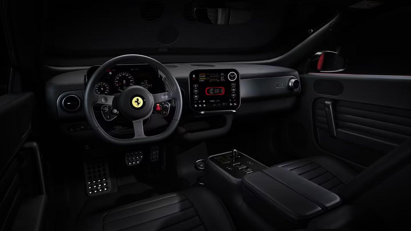 Official Ferrari image of the Ferrari Luce black interior and driver controls