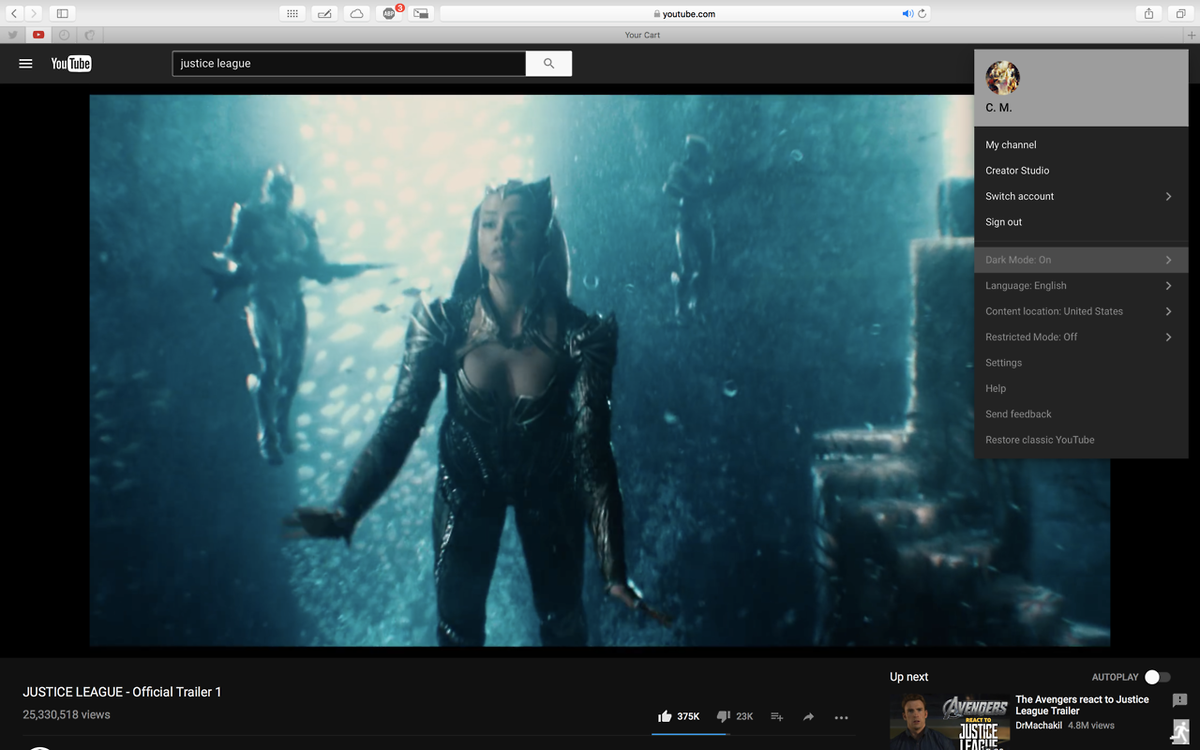 youtube dark mode surfaces in chrome mac image