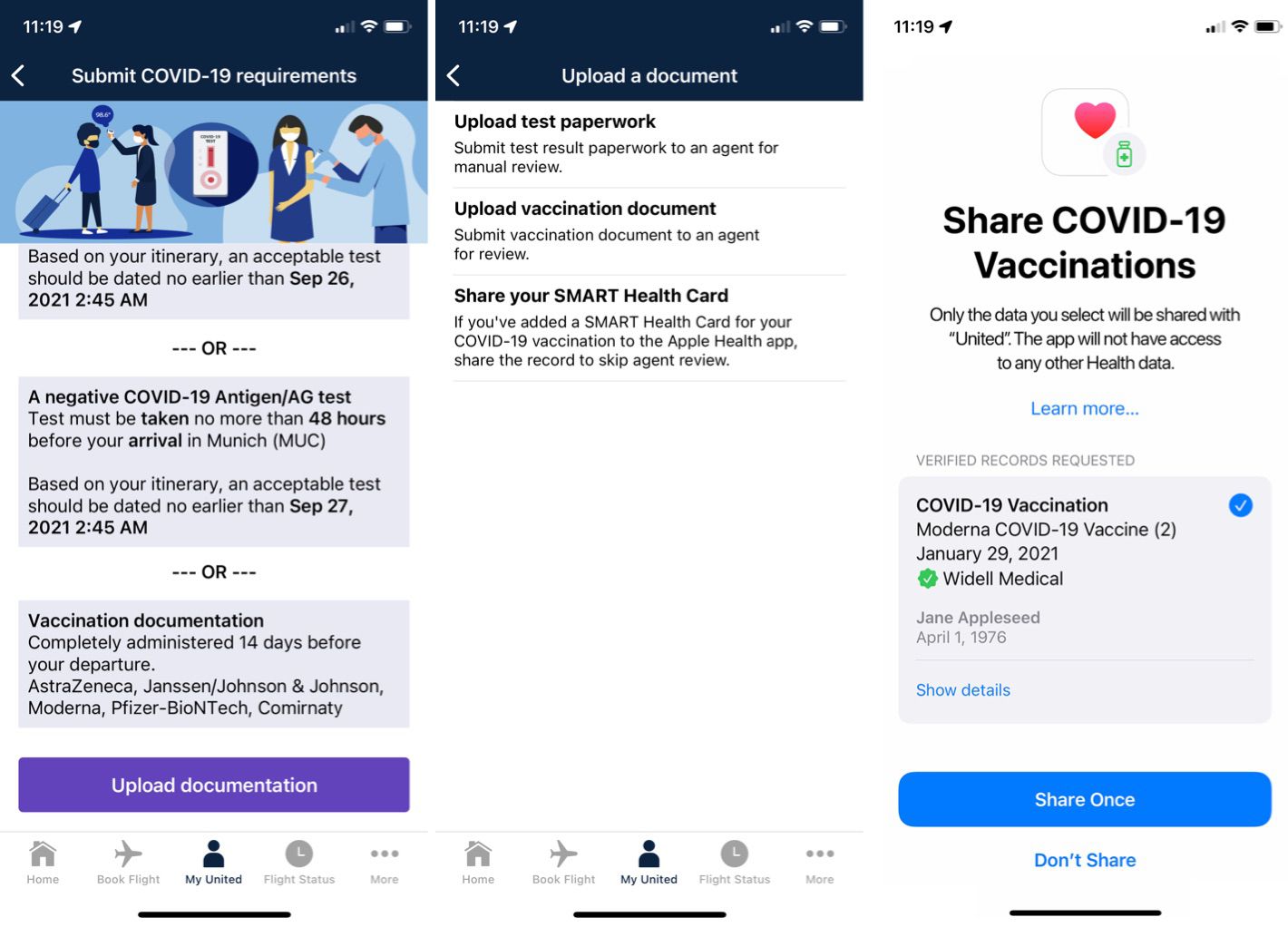 United Airlines Integrates With Apple's Health App for COVID19