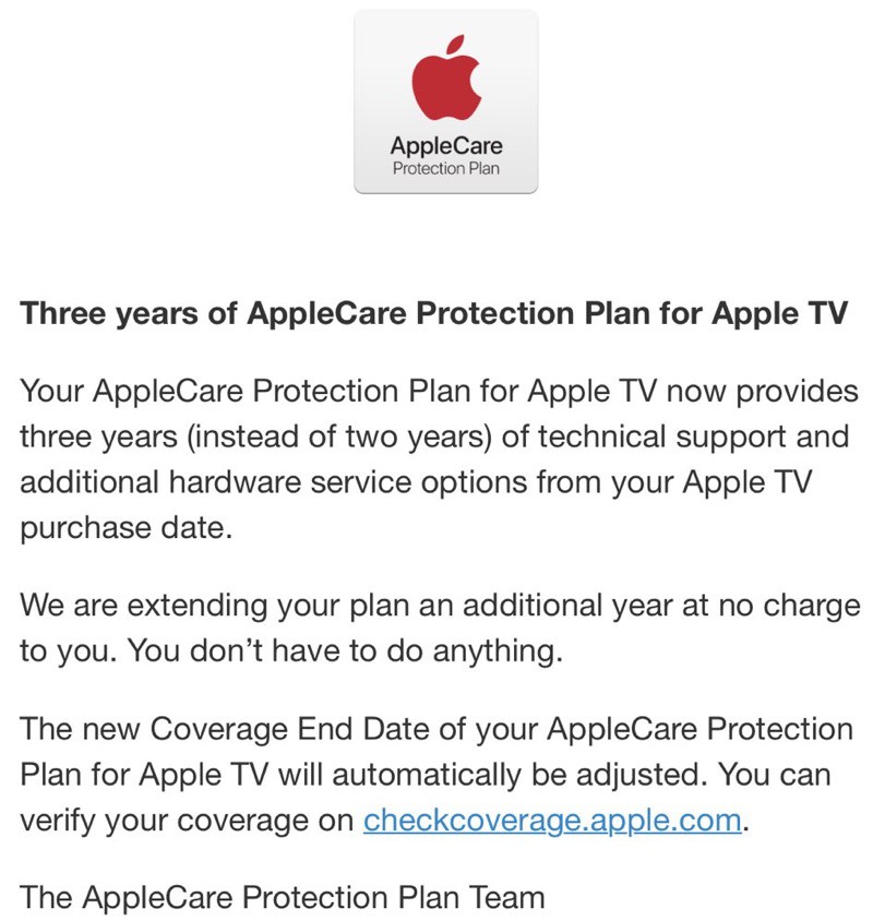 Apple Extends Standard AppleCare Plans for Apple TV From Two Years to