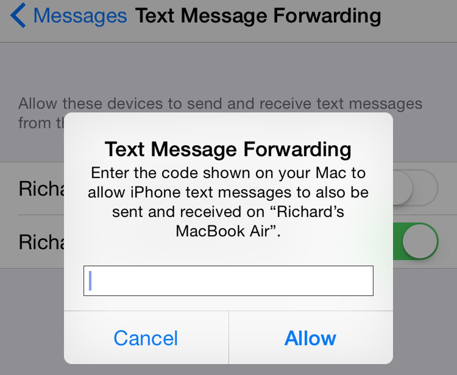 ios text message forwarding code not appearing