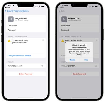 password hide security recommendation ios 15 4