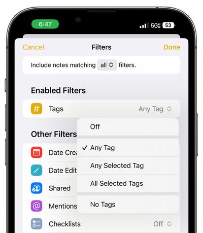 ios 16 notes filters any all - iOS 16: همه چیز جدید با یادداشت ها و یادآوری ها