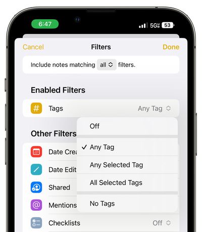 ios 16 notes filters any all