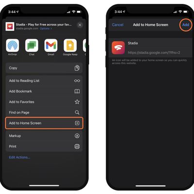 google stadia add to home screen