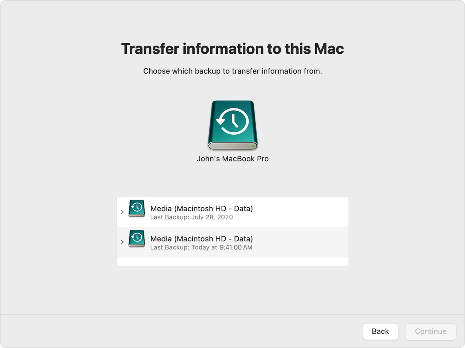 transfer data from time machine backup to new mac