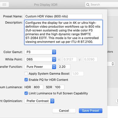 macos catalina system prefs display xdr presets customize preset