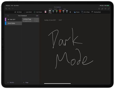 onenote dark mode ipad