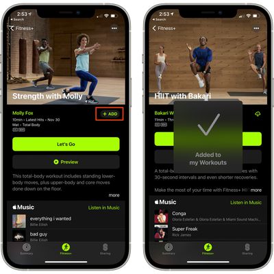 fitness plus add favorites