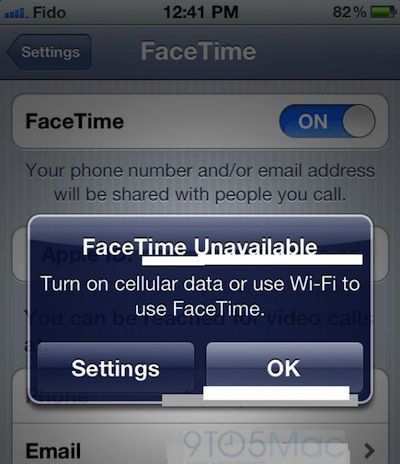 facetime cellular dialog box