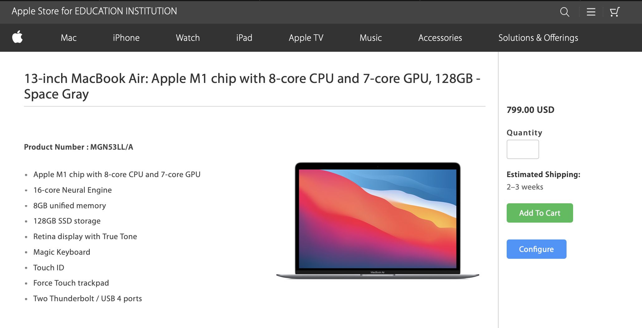 Apple MacBook Air - M1 - 7-core GPU - 16 Go RAM - 512 Go SSD - 13