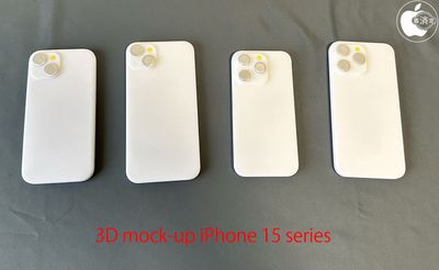 Modelos de iPhone 15 impresos en 3D utilizados para probar la compatibilidad de la carcasa del iPhone 14