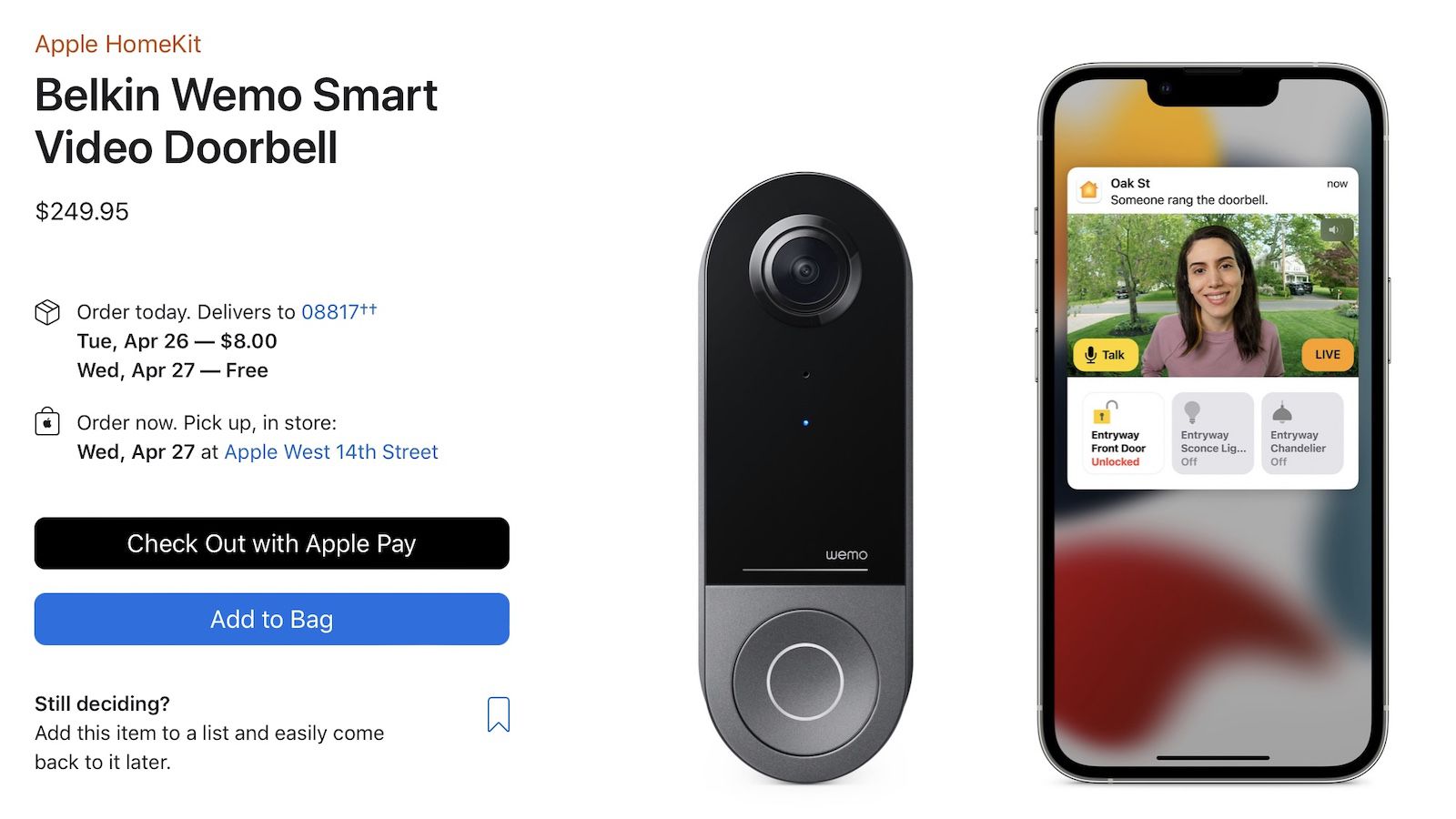 Belkin's Wemo Smart Video Doorbell With HomeKit Secure Video Now