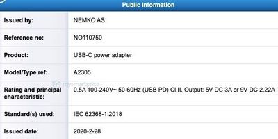 Apple A2305 20W Adapter NEMKO Cert 1