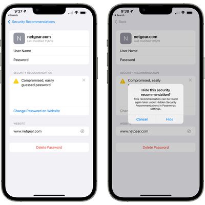 password hide security recommendation ios 15 4