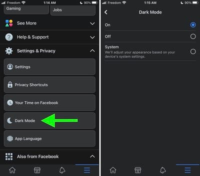 facebook dark mode setting