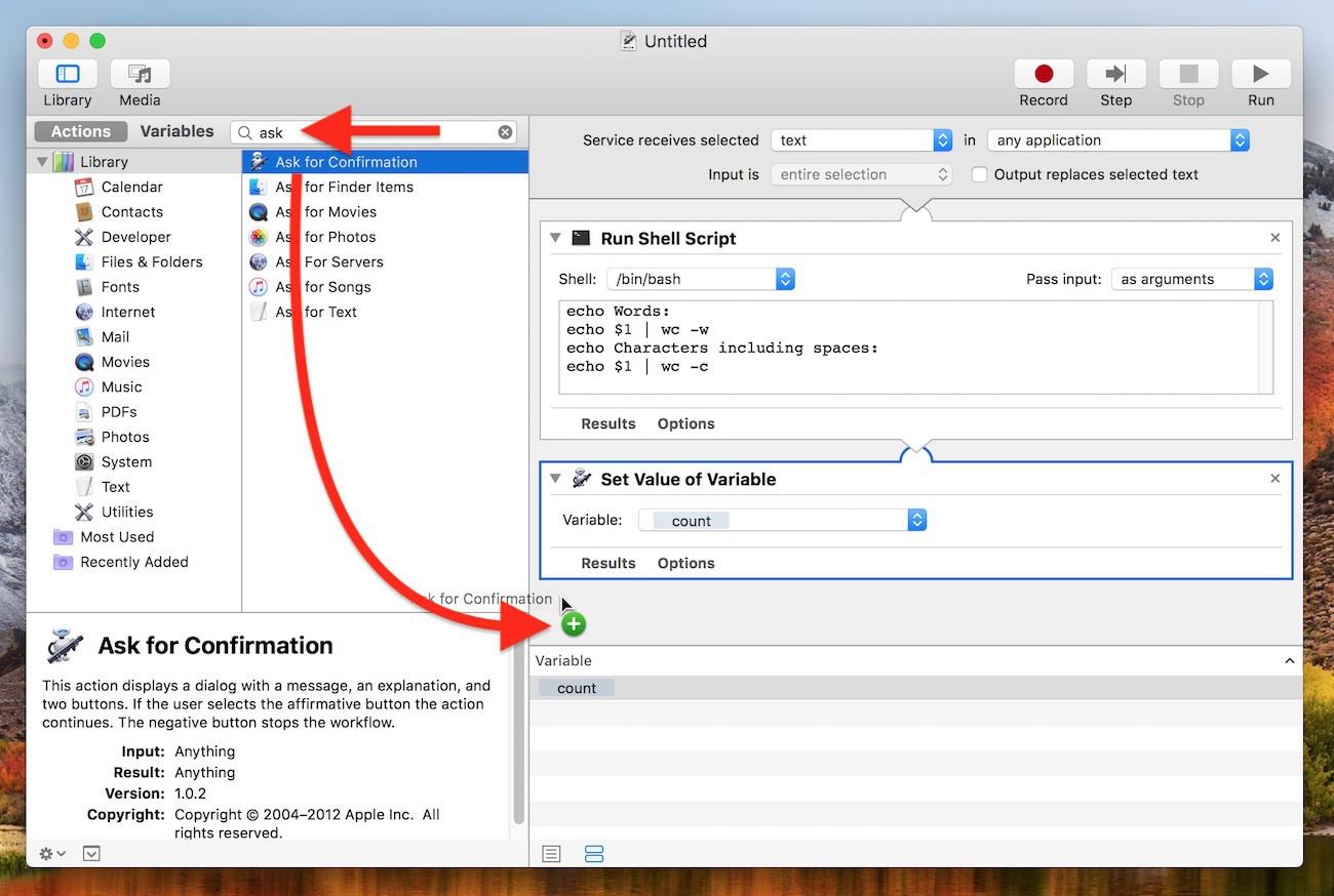 automator mac use variables inside get specified text