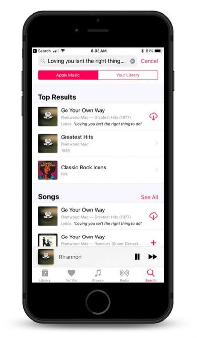 apple music search lyrics ios 12 beta