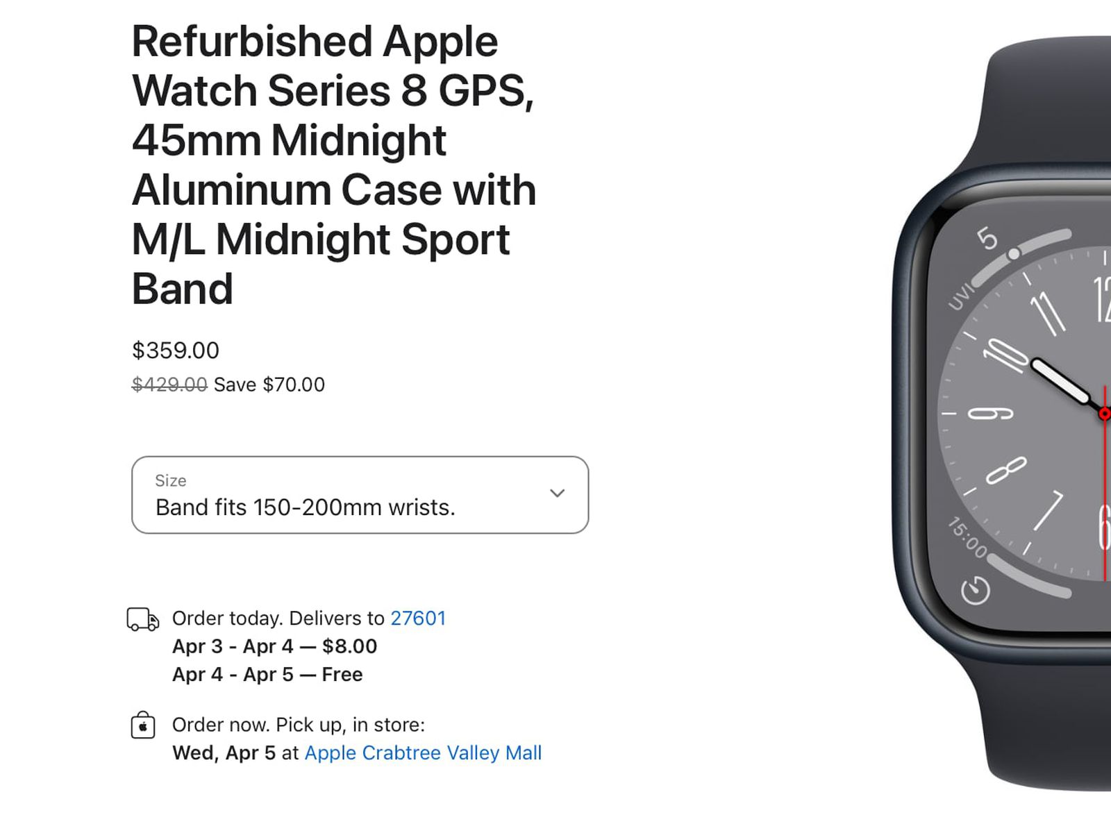 Apple Watch Series 8 GPS 45mm Midnight Aluminum Case with Midnight Sport  Band - M/L 
