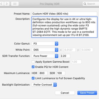 macos catalina system prefs display xdr presets customize preset