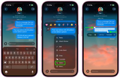 select text messages ios 26