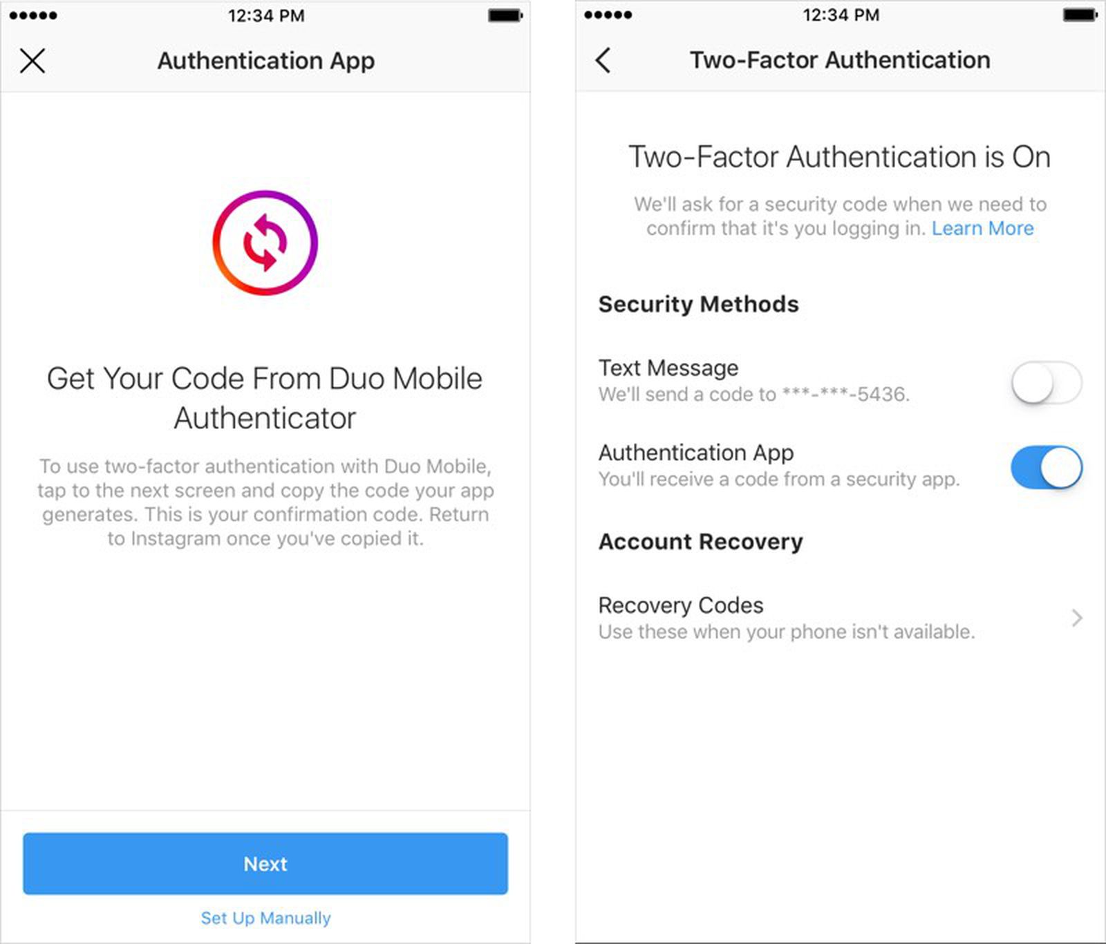 two factor authentication instagram
