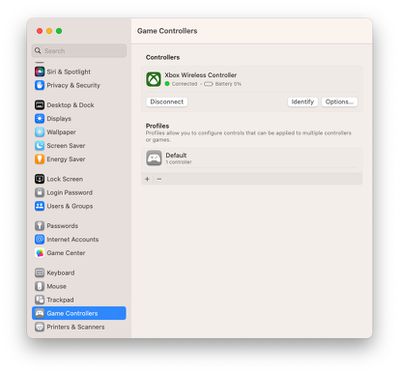 Game Controllers Menu macOS Ventura