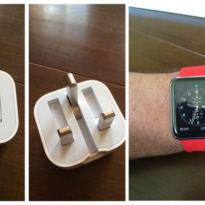 Folding UK Plug and Red Apple Watch