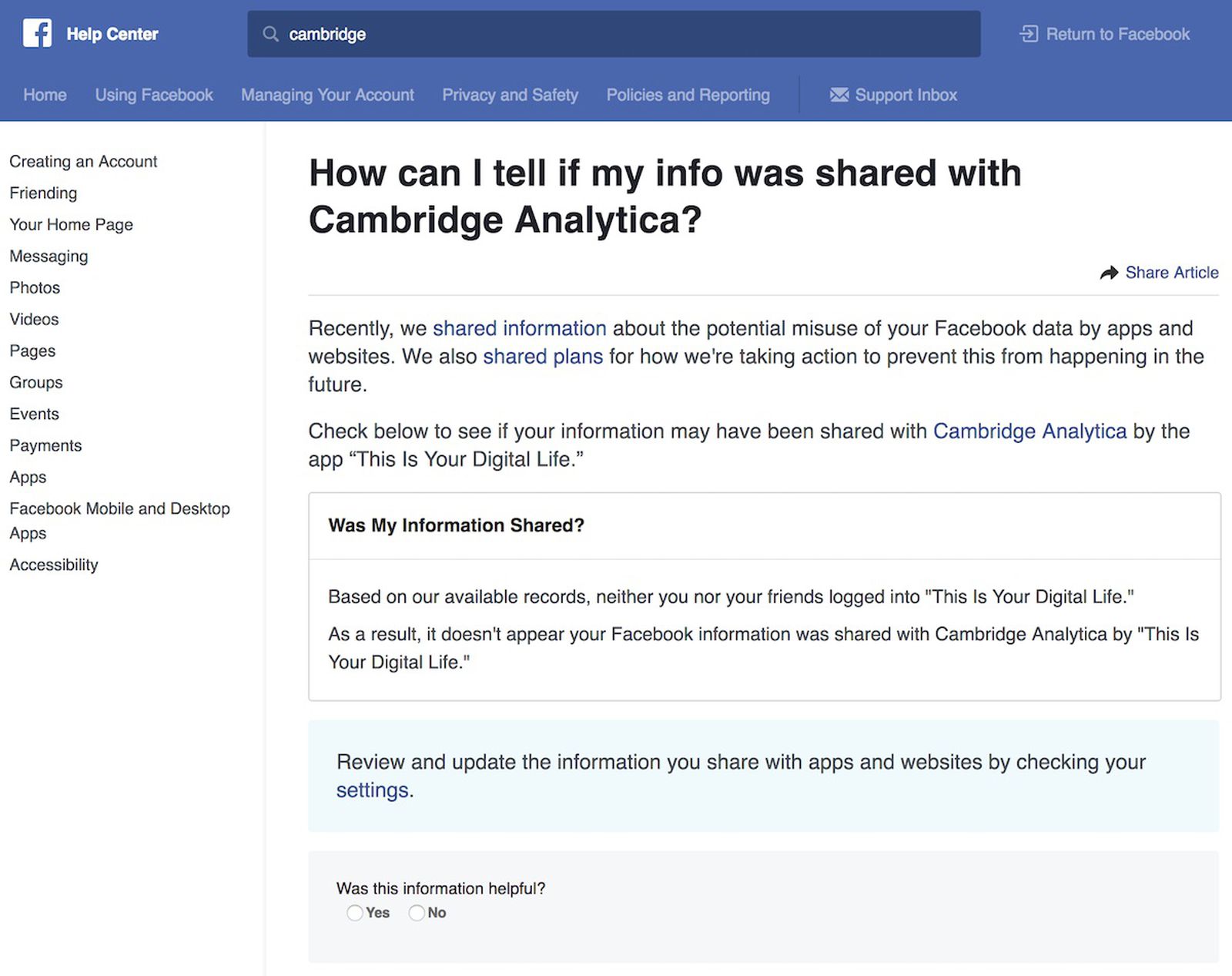 Facebook Launches Help Center Tool To Check If Your Data Was Shared With Cambridge Analytica Macrumors