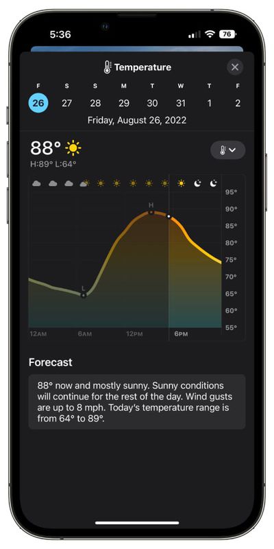 temperatura de la aplicación del tiempo ios 16