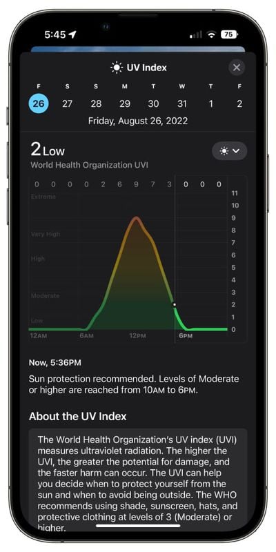 índice uv de la aplicación meteorológica ios 16