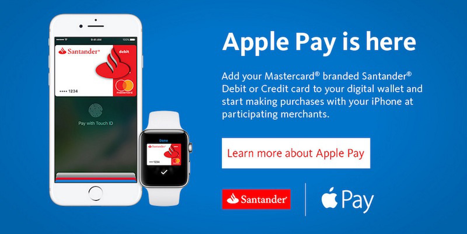 Santander Bank in U.S. Now Supports Apple Pay With MasterCard Branded